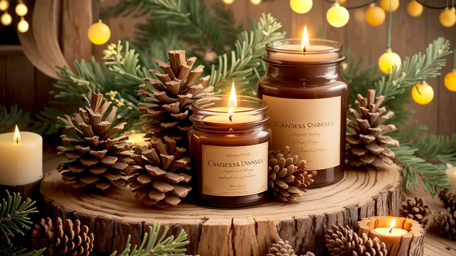 Candless are sitting on a tree stump with pine cones and lights, Candless, cozy Candleslight, Candless!, waxy Candless, Candleslight, natural Candles lighting, Warm and fun atmosphere, Candleslit, Candles wax, Candles, lots of Candless, good looking, the Candles is on a wooden table, Detailed local information, A pleasant and enchanting scene, Candles lights, lit Candless, room full of Candless