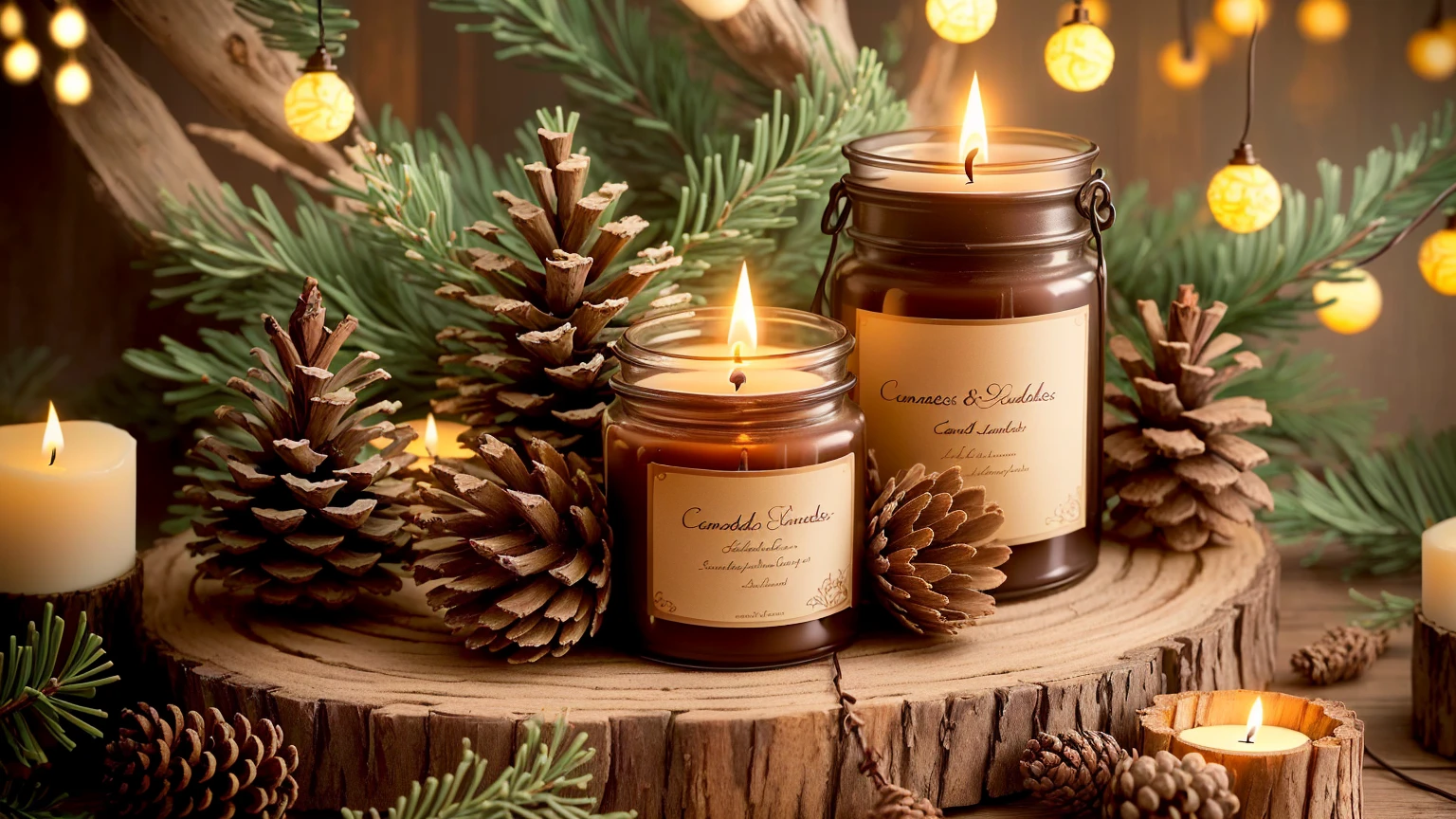 Candless are sitting on a tree stump with pine cones and lights, Candless, cozy Candleslight, Candless!, waxy Candless, Candleslight, natural Candles lighting, Warm and fun atmosphere, Candleslit, Candles wax, Candles, lots of Candless, good looking, the Candles is on a wooden table, Detailed local information, A pleasant and enchanting scene, Candles lights, lit Candless, room full of Candless