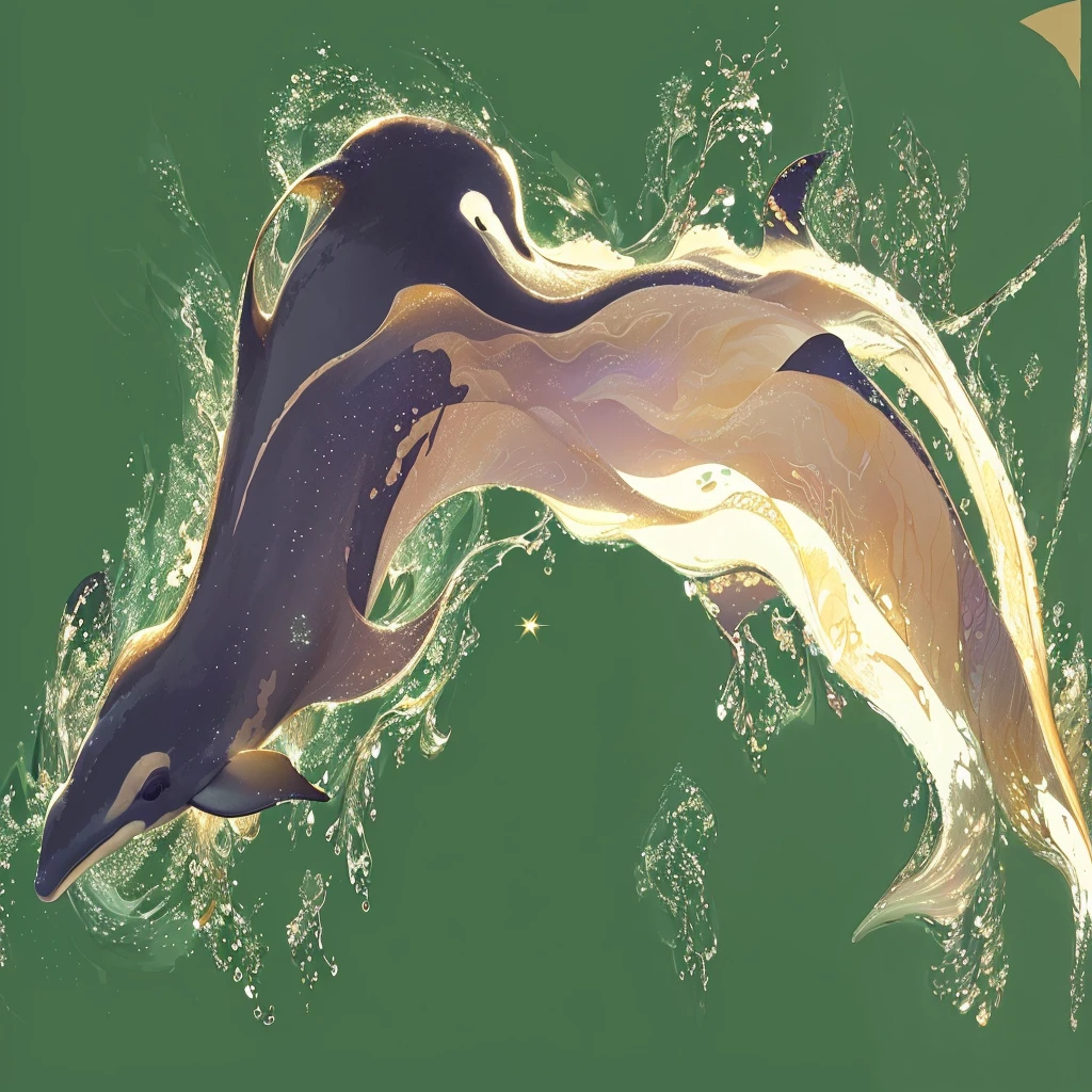 There are two dolphins swimming in the water, Blurred dreamy illustration, Inspired by Sōami, organic flow background, Low Detail. number, flow material, Beautiful stroke rendering, color study, high resolution drawing, Limited color palette, Blurred dream illustration, some chaotic sparkles, Ethereal Eel, flow, flow forms, flow golden scarf