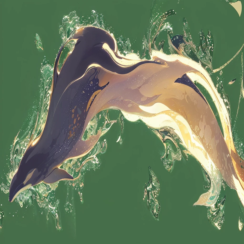 There are two dolphins swimming in the water, Blurred dreamy illustration, Inspired by Sōami, organic flow background, Low Detail. number, flow material, Beautiful stroke rendering, color study, high resolution drawing, Limited color palette, Blurred dream illustration, some chaotic sparkles, Ethereal Eel, flow, flow forms, flow golden scarf