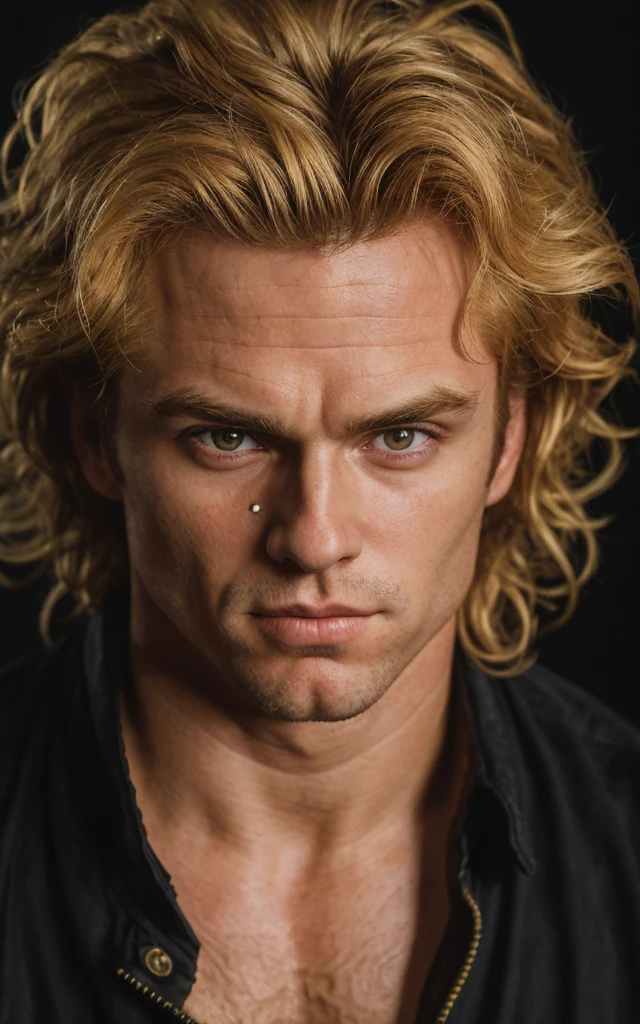 (Close-up, editorial photograph of a 30 year old man), (highly detailed face:1.4) (smile:0.7) (background inside dark, moody, private study:1.3) POV, by lee jeffries, nikon d850, film stock photograph ,4 kodak portra 400 ,camera f1.6 lens ,rich colors, hyper realistic ,lifelike texture, dramatic lighting , cinestill 800, wavy hair, messy hair, Dio Brando smirk, Golden Blonde hair, Golden Eyes, Dio Brando Expression, Character Based JoJo Bizarre Adventure, Orange Jacket, Black Shirt, Muscle Body