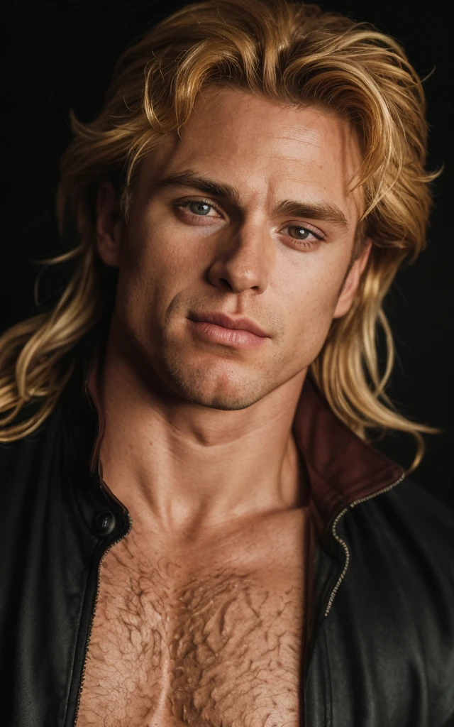 (Close-up, editorial photograph of a 30 year old man), (highly detailed face:1.4) (smile:0.7) (background inside dark, moody, private study:1.3) POV, by lee jeffries, nikon d850, film stock photograph ,4 kodak portra 400 ,camera f1.6 lens ,rich colors, hyper realistic ,lifelike texture, dramatic lighting , cinestill 800, wavy hair, messy hair, Dio Brando smirk, Golden Blonde hair, Golden Eyes, Dio Brando Expression, Character Based JoJo Bizarre Adventure, Orange Jacket, Black Shirt, Muscle Body