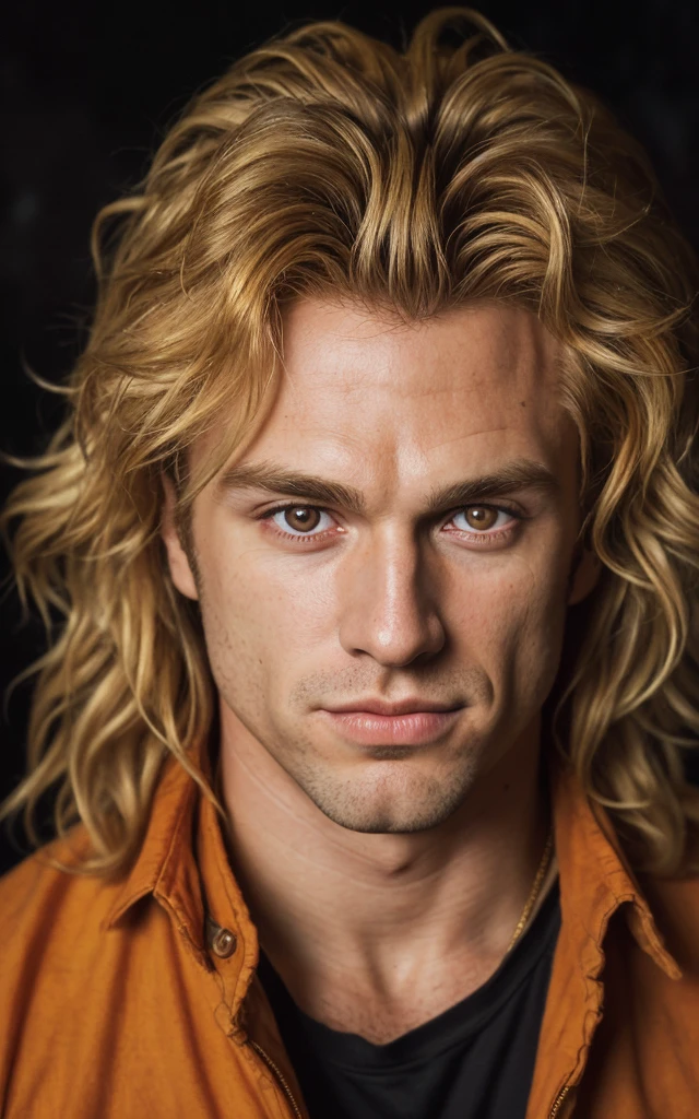 (Close-up, editorial photograph of a 30 year old man), (highly detailed face:1.4) (smile:0.7) (background inside dark, moody, private study:1.3) POV, by lee jeffries, nikon d850, film stock photograph ,4 kodak portra 400 ,camera f1.6 lens ,rich colors, hyper realistic ,lifelike texture, dramatic lighting , cinestill 800, wavy hair, messy hair, Dio Brando smirk, Golden Blonde hair, Golden Eyes, Dio Brando Expression, Character Based JoJo Bizarre Adventure, Orange Jacket, Black Shirt, Muscle Body