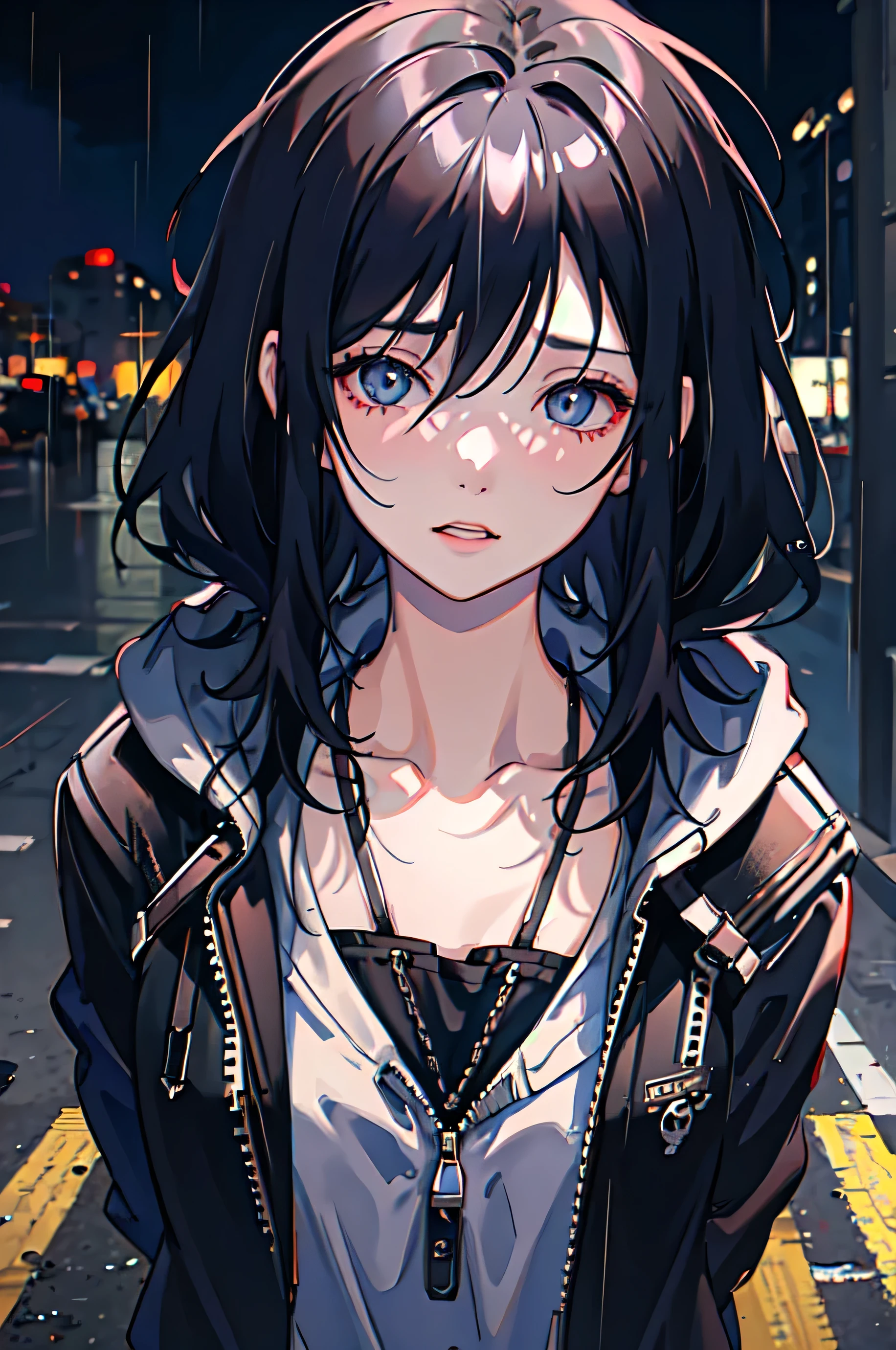 1girl, jacket, rain, outdoor, hoodie, open jacket, chain, backpack, looking at another, messy hair, trending on artstation, 8k resolution, highly detailed, anatomically correct, sharp image, digital painting, concept art, trending on pixiv, style of makoto shinkai,