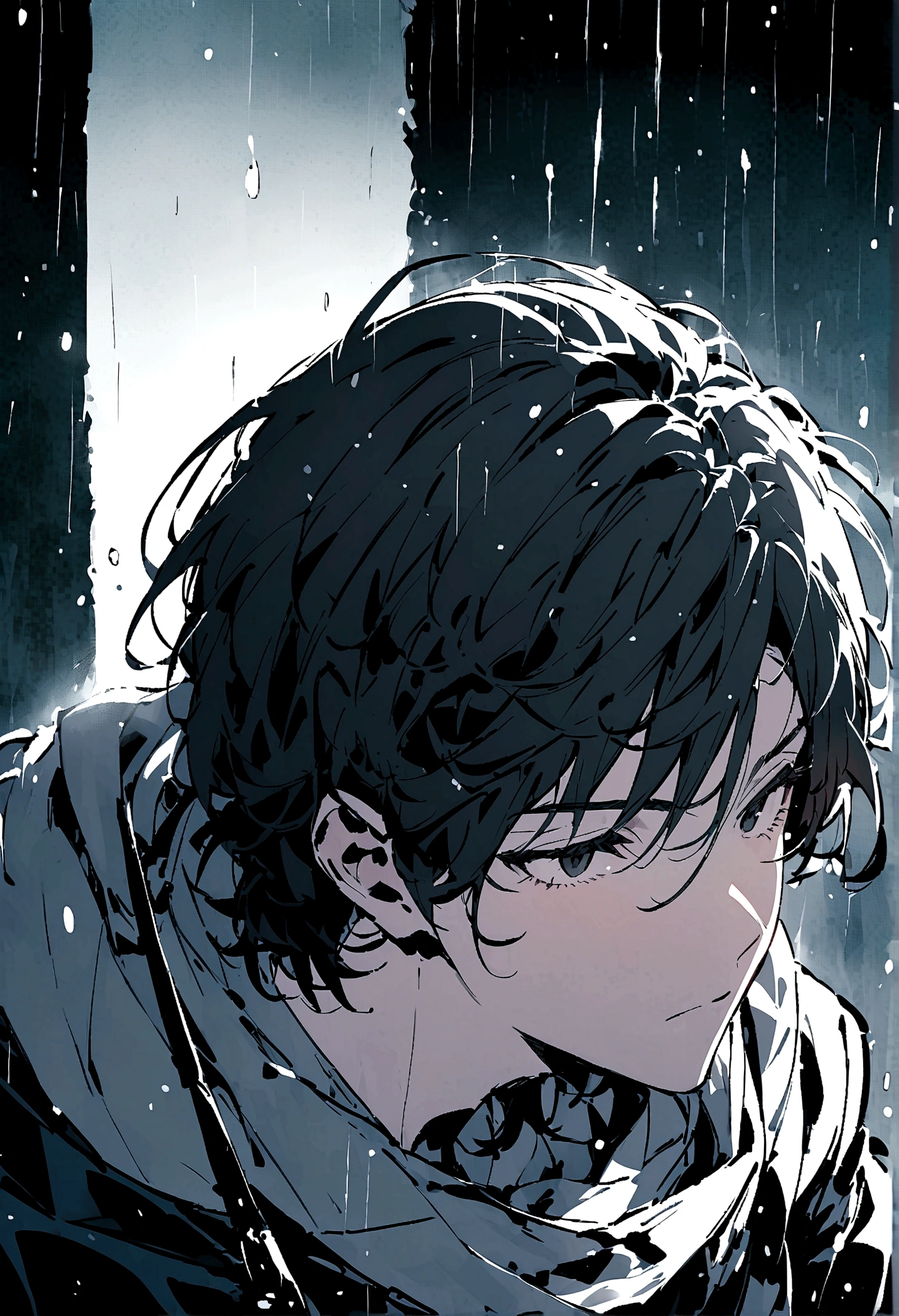 Short hairstyle for men、Black Hair、black eyes、gloomily，moonlight，Cool，rain，(((Black and white style)))，cold