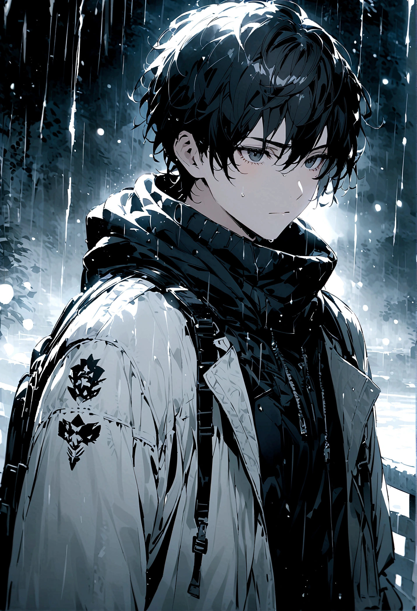 Short hairstyle for men、Black Hair、black eyes、gloomily,moonlight,Cool,rain,(((Black and white style))),cold