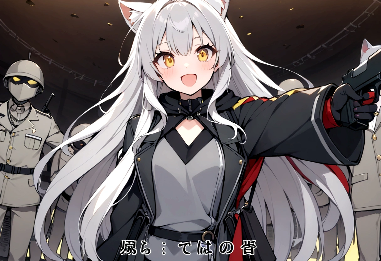 Talking on the radio、Subordinates lined up behind、Flag of Germany、Gray cat ears、Gray cat earasterpiece, best quality:1.2), 1girl, 独奏、Grey long hair、Ahoge、Yellow Eyes、Background of a military base with guns、Fisheye Lens、battlefield、Shadows of light and darkness、Expressionless、battle、Gray trench coat、Put a black hoodie over your arm、Surrounded by enemies、Zip hoodie worn over the arm、Surrounded by enemies