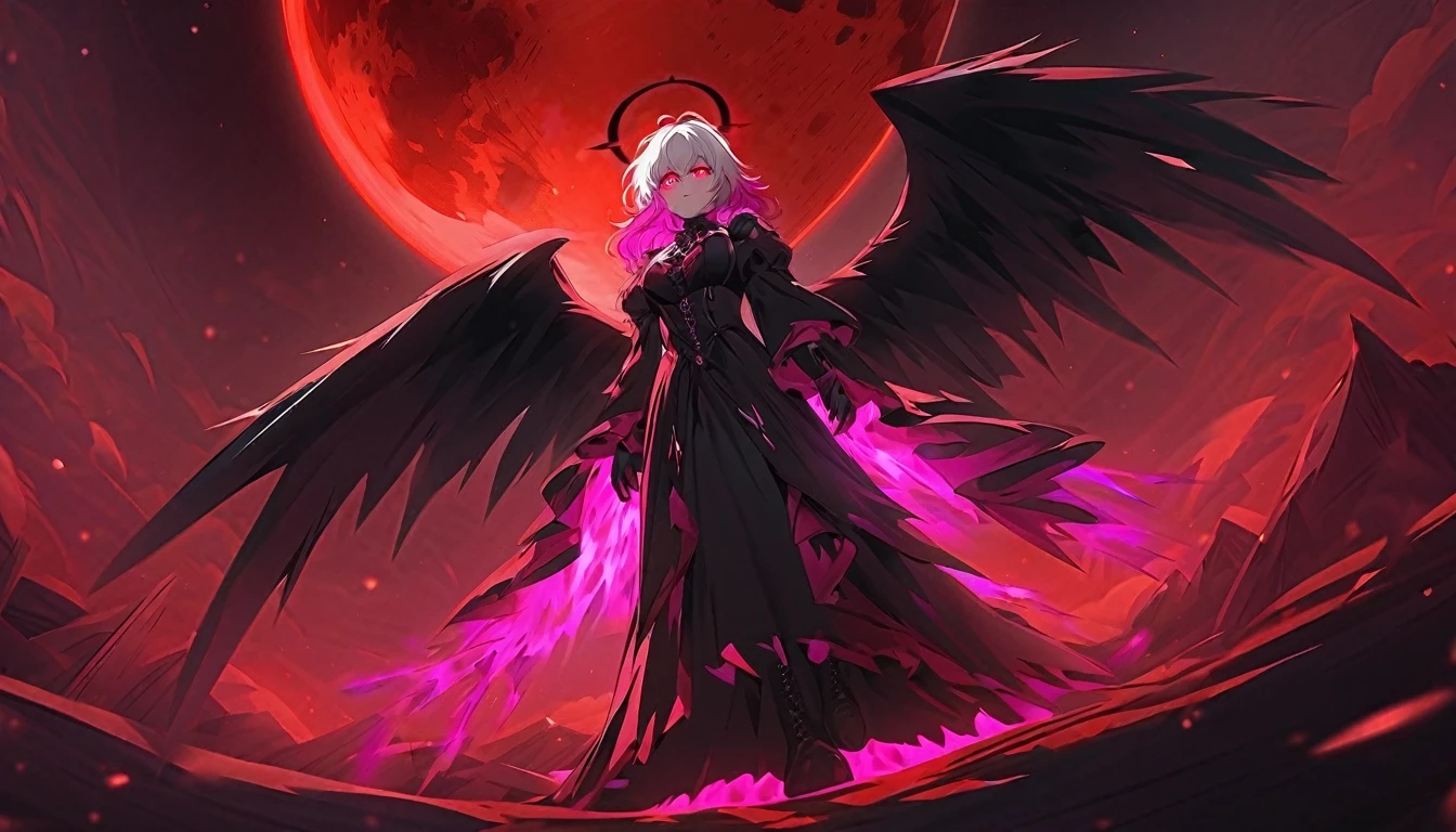 Masterpiece, top quality, bright colors, one girl, white hair, black hair, magenta hair, red eyes, glowing eyes, dark atmosphere, black wings, black halo, fallen angel, from below, descending from heaven, gothic clothes, looking down , Blood, ((Blood Moon, Red Moon))), Purple Aura, Divine Advent, Fire, Cinematic Lighting, Glowing Aura Lighting, Full Body, Spectacular Background, starrystarscloudcolorful