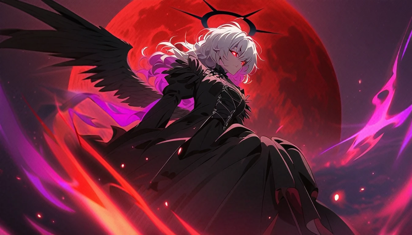 Masterpiece, top quality, bright colors, one girl, white hair, black hair, magenta hair, red eyes, glowing eyes, dark atmosphere, black wings, black halo, fallen angel, from below, descending from heaven, gothic clothes, looking down , Blood, ((Blood Moon, Red Moon))), Purple Aura, Divine Advent, Fire, Cinematic Lighting, Glowing Aura Lighting, Full Body, Spectacular Background, starrystarscloudcolorful