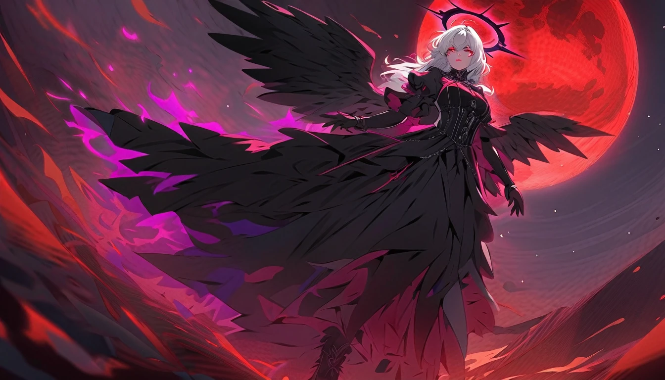 Masterpiece, top quality, bright colors, one girl, white hair, black hair, magenta hair, red eyes, glowing eyes, dark atmosphere, black wings, black halo, fallen angel, from below, descending from heaven, gothic clothes, looking down , Blood, ((Blood Moon, Red Moon))), Purple Aura, Divine Advent, Fire, Cinematic Lighting, Glowing Aura Lighting, Full Body, Spectacular Background, starrystarscloudcolorful