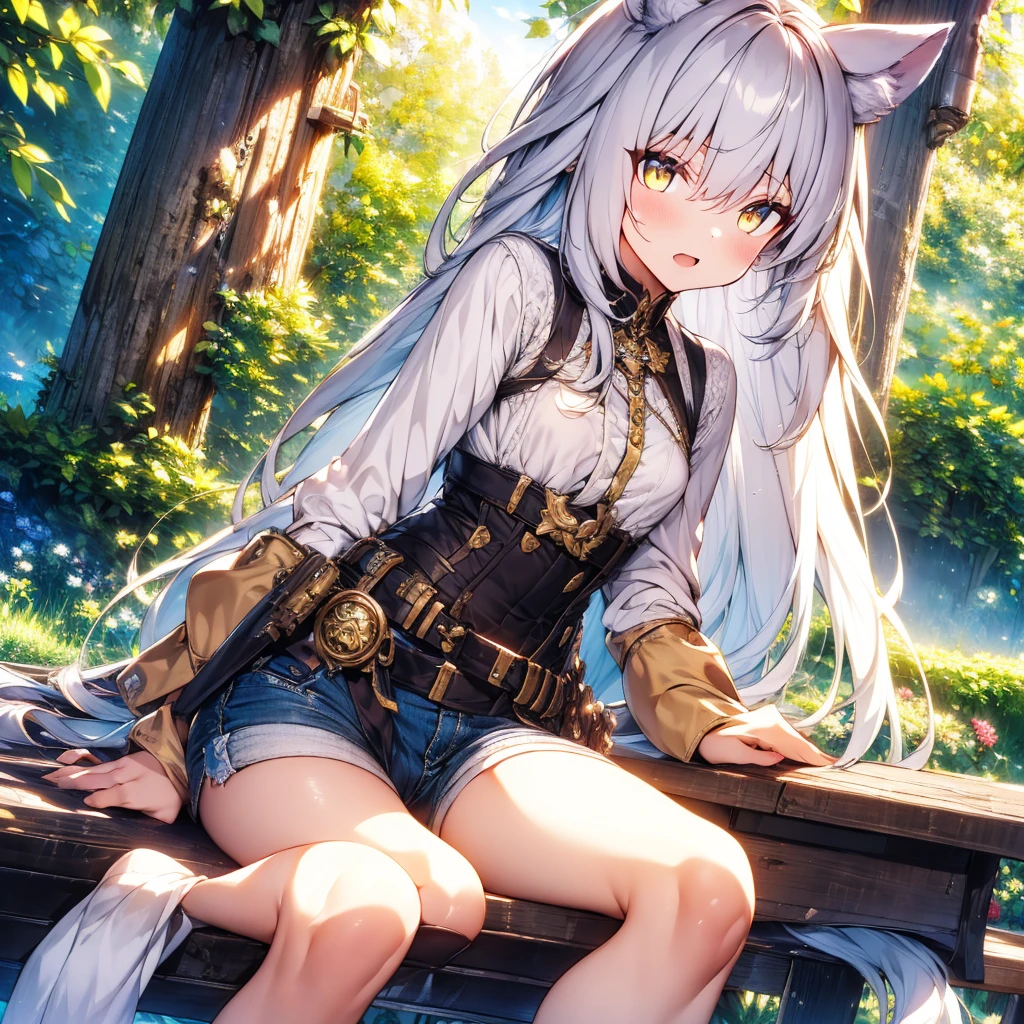 Girl with dog ears and tail, erect ears, honey yellow eyes, Highly detailed eyes, long hair and(((( White)))) with a small braid on the sides, denim shorts, translucent and low-cut blouse, whole body, looking up, open mouth smile, big chest, beautiful body, detailed face y con amplia gama de gestos, leaning on a bench around a garden with flowers of various colors, detailed background, detailed face, Play of light and shadows, cinematographic, high quality, 8k, Masterpiece,