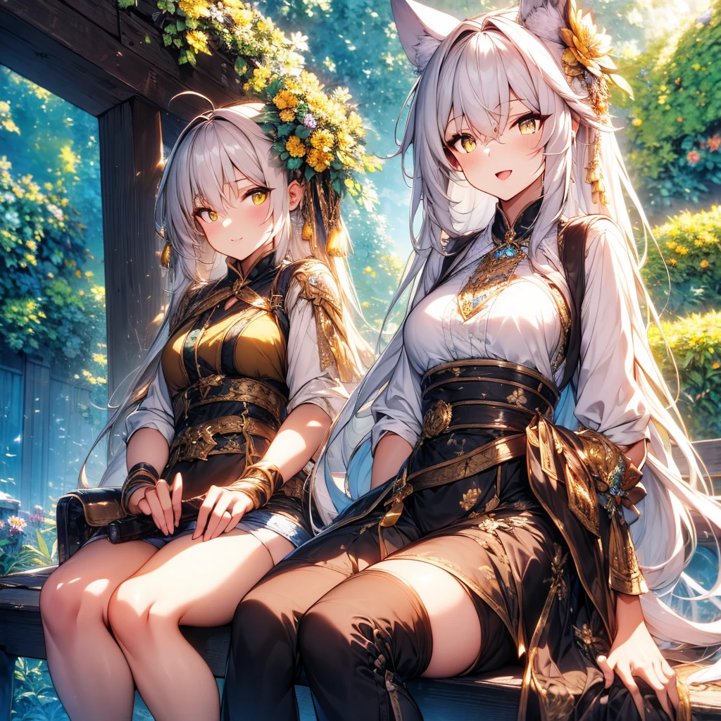 Girl with dog ears and tail, erect ears, honey yellow eyes, Highly detailed eyes, long hair and(((( White)))) with a small braid on the sides, denim shorts, translucent and low-cut blouse, whole body, looking up, open mouth smile, big chest, beautiful body, detailed face y con amplia gama de gestos, leaning on a bench around a garden with flowers of various colors, detailed background, detailed face, Play of light and shadows, cinematographic, high quality, 8k, Masterpiece,