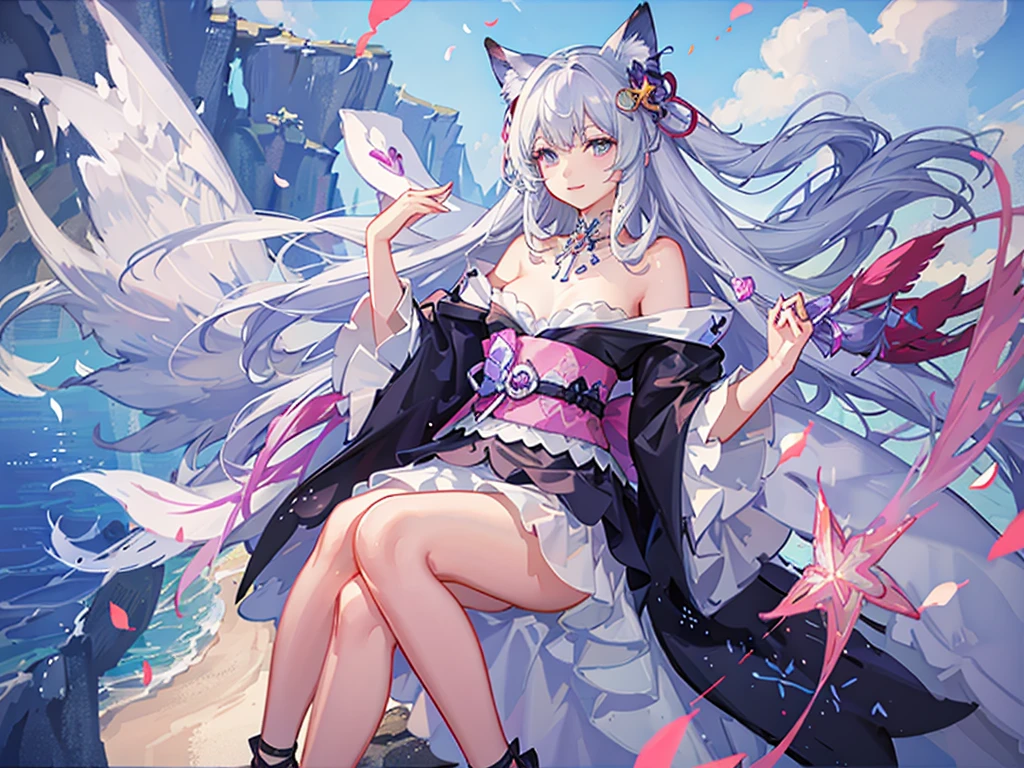 (Highest quality、masterpiece、Super fine、Super fine、Exquisite、16k、Full HD) 、mysterious、Fantasy、Fantasy World、adventure、village、Soft sunlight、Clear skies、smile、(Full of energy)(Purple Eyes、Long eyelashes、White skin、slim、Pale pink lips、Pale pink cheeks、thin and long)、(Thin and high nose、Small Nose)、kimono whiteFox foxear