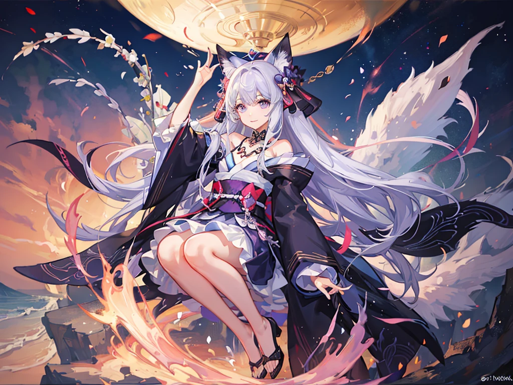 (Highest quality、masterpiece、Super fine、Super fine、Exquisite、16k、Full HD) 、mysterious、Fantasy、Fantasy World、adventure、village、Soft sunlight、Clear skies、smile、(Full of energy)(Purple Eyes、Long eyelashes、White skin、slim、Pale pink lips、Pale pink cheeks、thin and long)、(Thin and high nose、Small Nose)、kimono whiteFox foxear