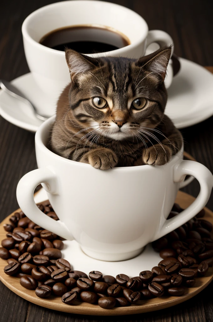 Create please a happy cat with a cup of coffee on black background for wallpaper