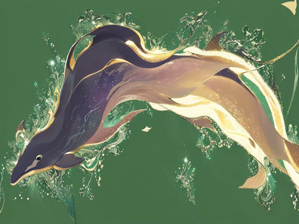 There are two dolphins swimming in the water, Blurred dreamy illustration, Inspired by Sōami, organic flow background, Low Detail. number, flow material, Beautiful stroke rendering, color study, high resolution drawing, Limited color palette, Blurred dream illustration, some chaotic sparkles, Ethereal Eel, flow, flow forms, flow golden scarf