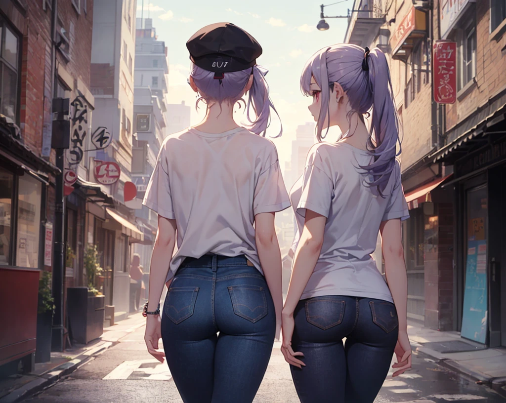 (Close-up:1.3),Realistic,Highest quality, Super detailed, High-quality CG rendering, The most delicate and beautiful, Floating softly, High resolution, (1 girl), (Highest quality,4K,8K,masterpiece:1.2), Light purple hair,(Very long ponytail:1.3),Red eyes,(Pure white oversized short sleeve T-shirt:1.3),(Black skinny jeans:1.3),(Pure white cap:1.3),In the city,old buildings,(Turn your back to your audience:1.3),Butt