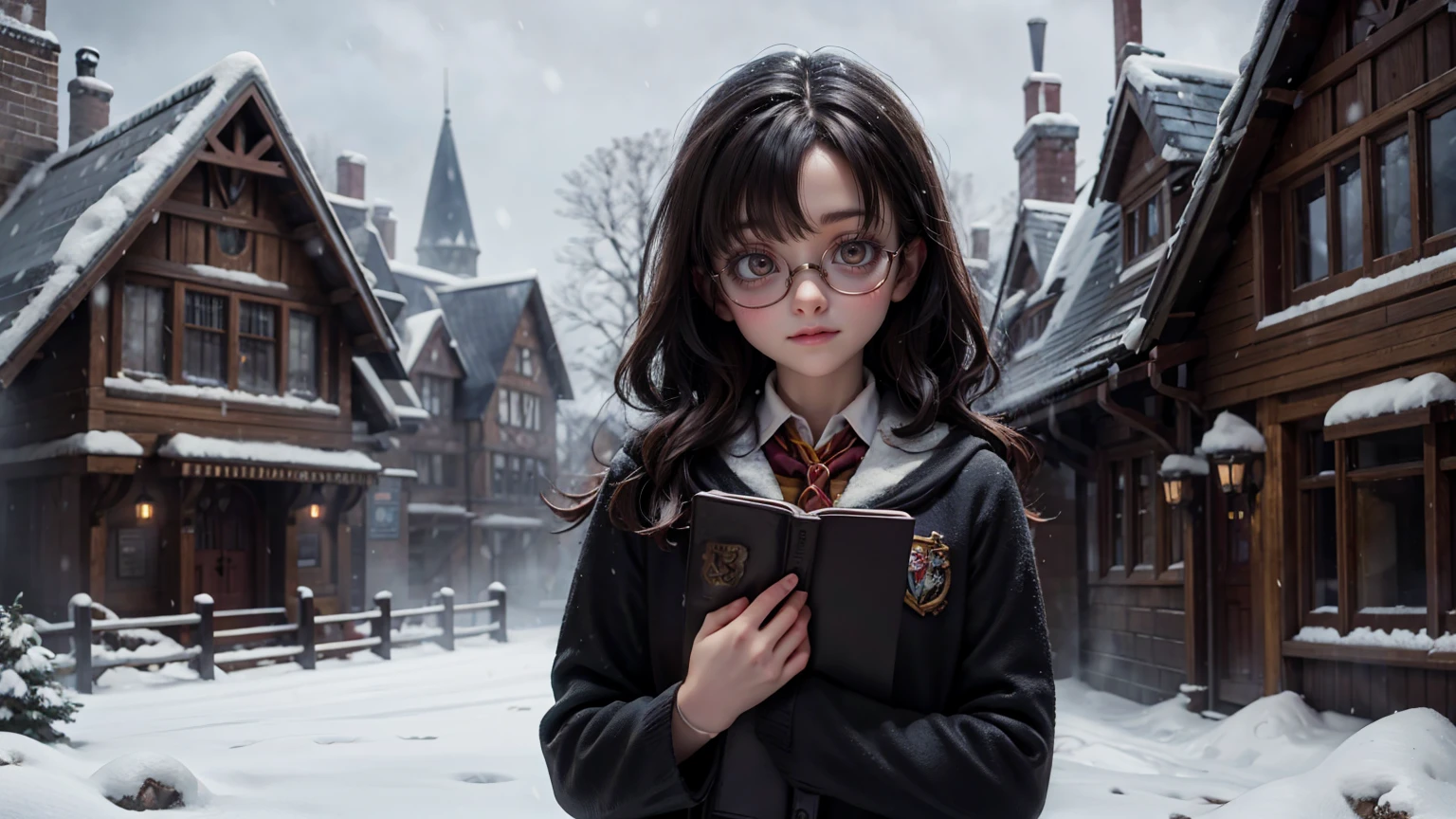 front view of harry potter school in snow weather