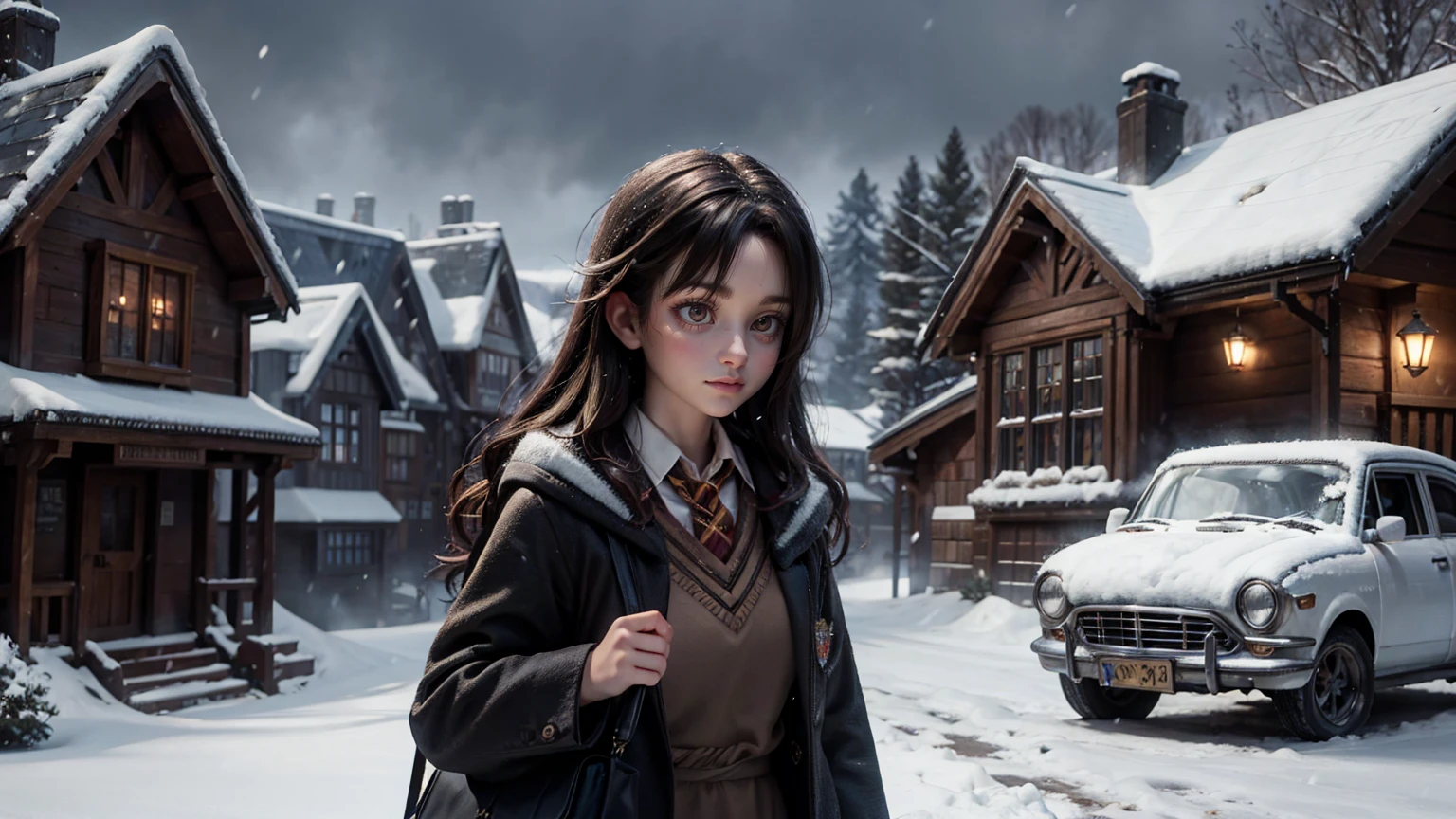 front view of harry potter school in snow weather
