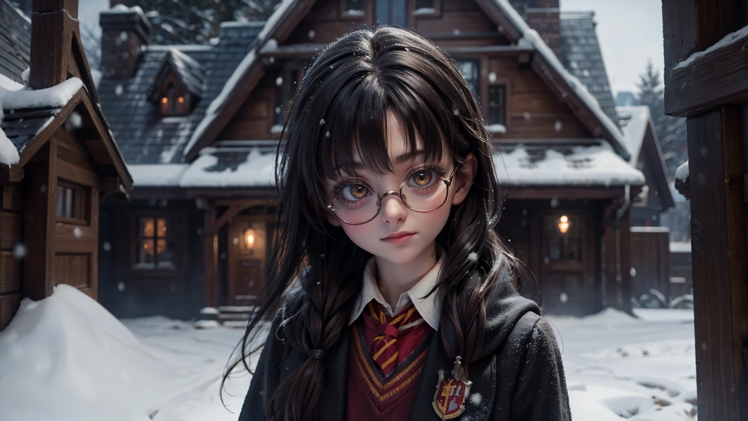 front view of harry potter school in snow weather