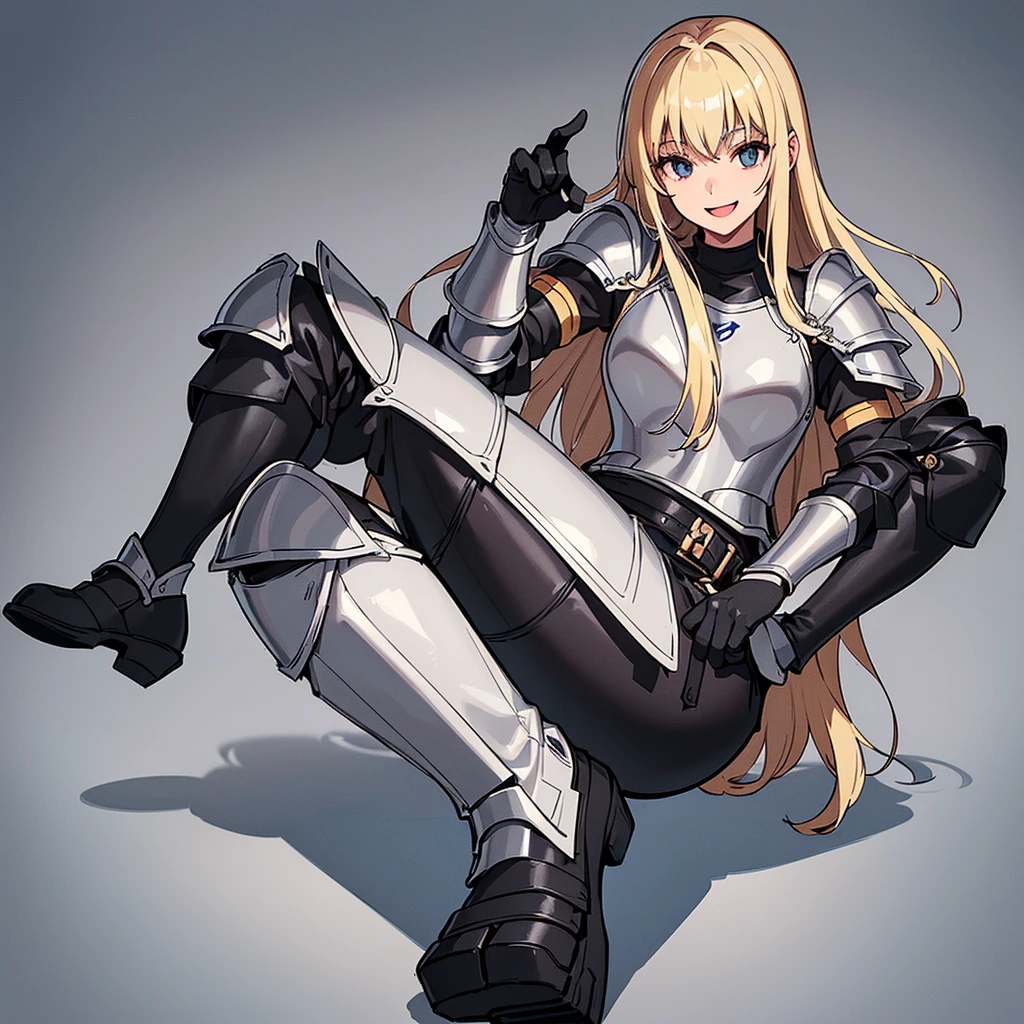 (((Solo)))、Highest quality, Best Quality、8K、Best illustrations、(Full body character concept)、(((Gray simple armor、Black trousers、Black gloves))、(woman、18-year-old)、(Blonde、Long Hair)、(White background)、(Get on both knees、sit)、(smile、smile、Open your mouth)、From below