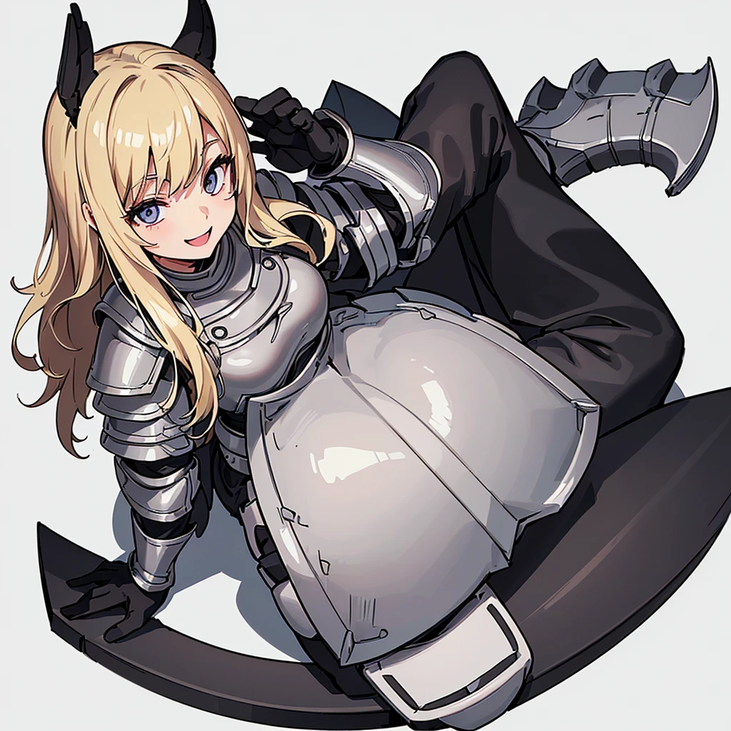 (((Solo)))、Highest quality, Best Quality、8K、Best illustrations、(Full body character concept)、(((Gray simple armor、Black trousers、Black gloves))、(woman、18-year-old)、(Blonde、Long Hair)、(White background)、(Get on both knees、sit)、(smile、smile、Open your mouth)、From below