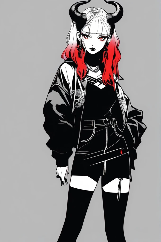 (best quality, sketch:1.2),realistic,illustrator,anime,1 girl with horns, detailed lips,custom, short skirt, black boots, black and red gradient background,neon hair,textured cropping, masterpiece, style retro classic, noir style , Japanese style, full body ((monochrome))
