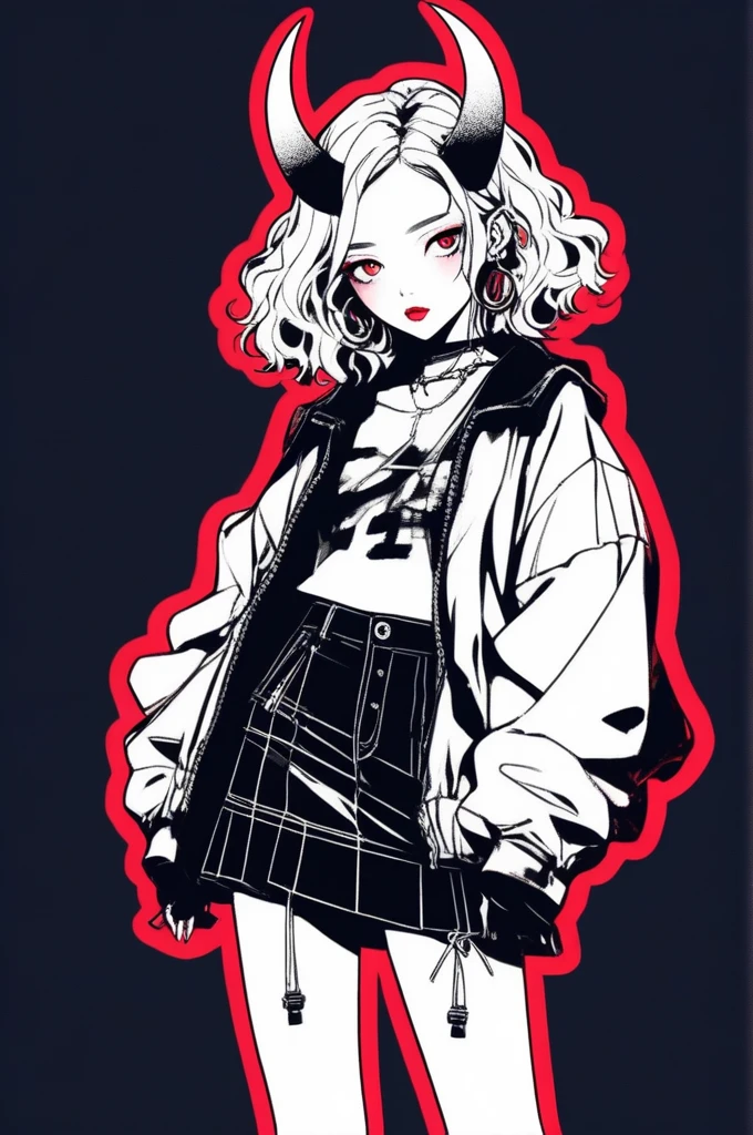 (best quality, sketch:1.2),realistic,illustrator,anime,1 girl with horns, detailed lips,custom, short skirt, black boots, black and red gradient background,neon hair,textured cropping, masterpiece, style retro classic, noir style , Japanese style, full body ((monochrome))