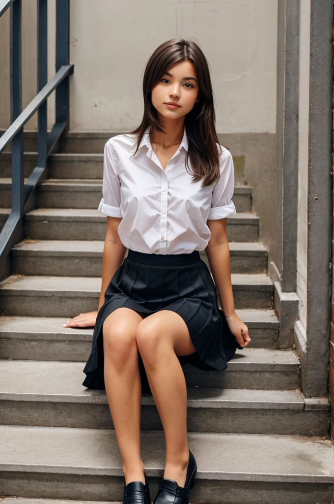 A girl wearing skirts and sitting on stairs