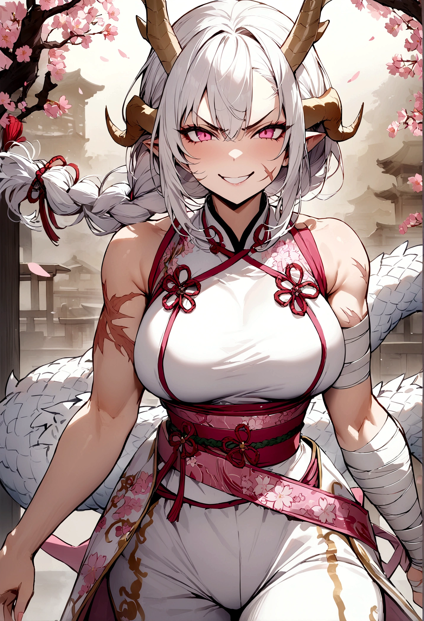 high quality, masterpiece, 1woman, cherry blossom dragon design, with muscles, white hair, white dragon horns, pink eyes, braid on the right side, white joggers pants, cherry blossom clothes, angry smile, scar on right cheek, bandages on the arms, pink japanese belt