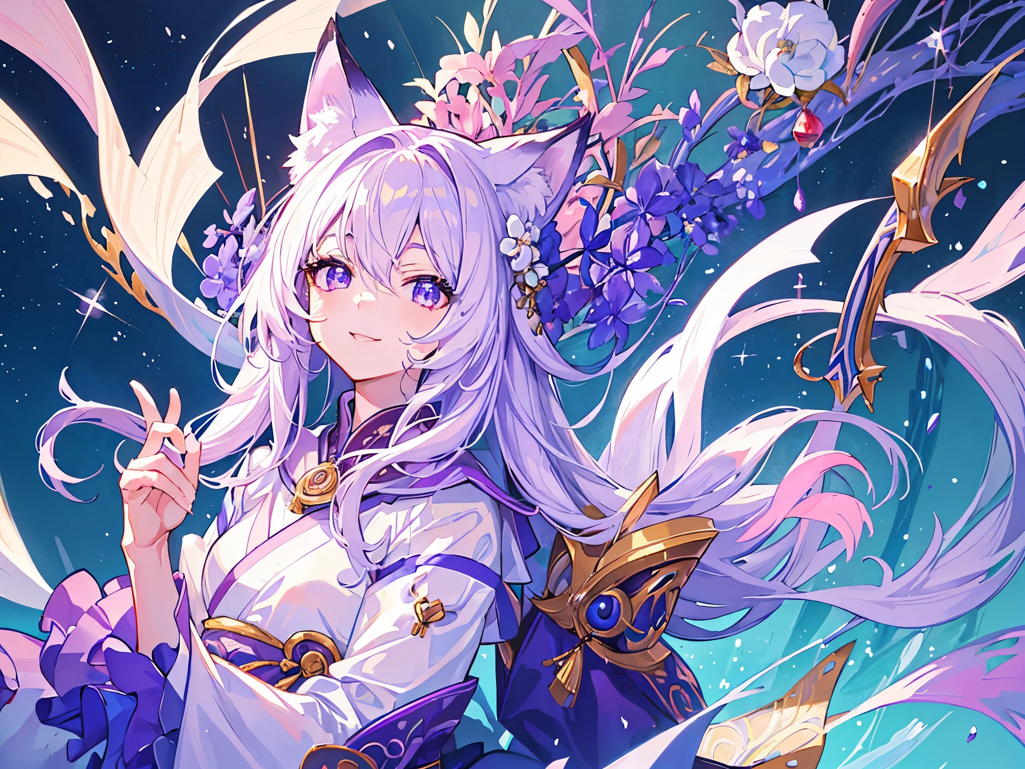 (Highest quality、masterpiece、Super fine、Super fine、Exquisite、16k、Full HD) 、mysterious、Fantasy、Fantasy World、adventure、village、Soft sunlight、Clear skies、smile、(Full of energy)(Purple Eyes、Long eyelashes、White skin、slim、Pale pink lips、Pale pink cheeks、thin and long)、(Thin and high nose、Small Nose)、kimono whiteFox 