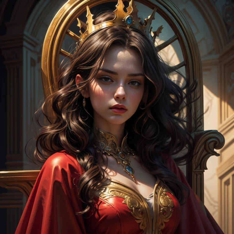 full body portrait a beautiful queen of hearts, elegant long red dress, flowing red cape, golden crown, striking red makeup, piercing gaze, regal posture, ornate throne, dark gothic castle, dramatic lighting, (best quality,4k,8k,highres,masterpiece:1.2),ultra-detailed,(realistic,photorealistic,photo-realistic:1.37),intricate details,cinematic composition,vibrant colors,chiaroscuro lighting,dramatic shadows,fantasy,digital art