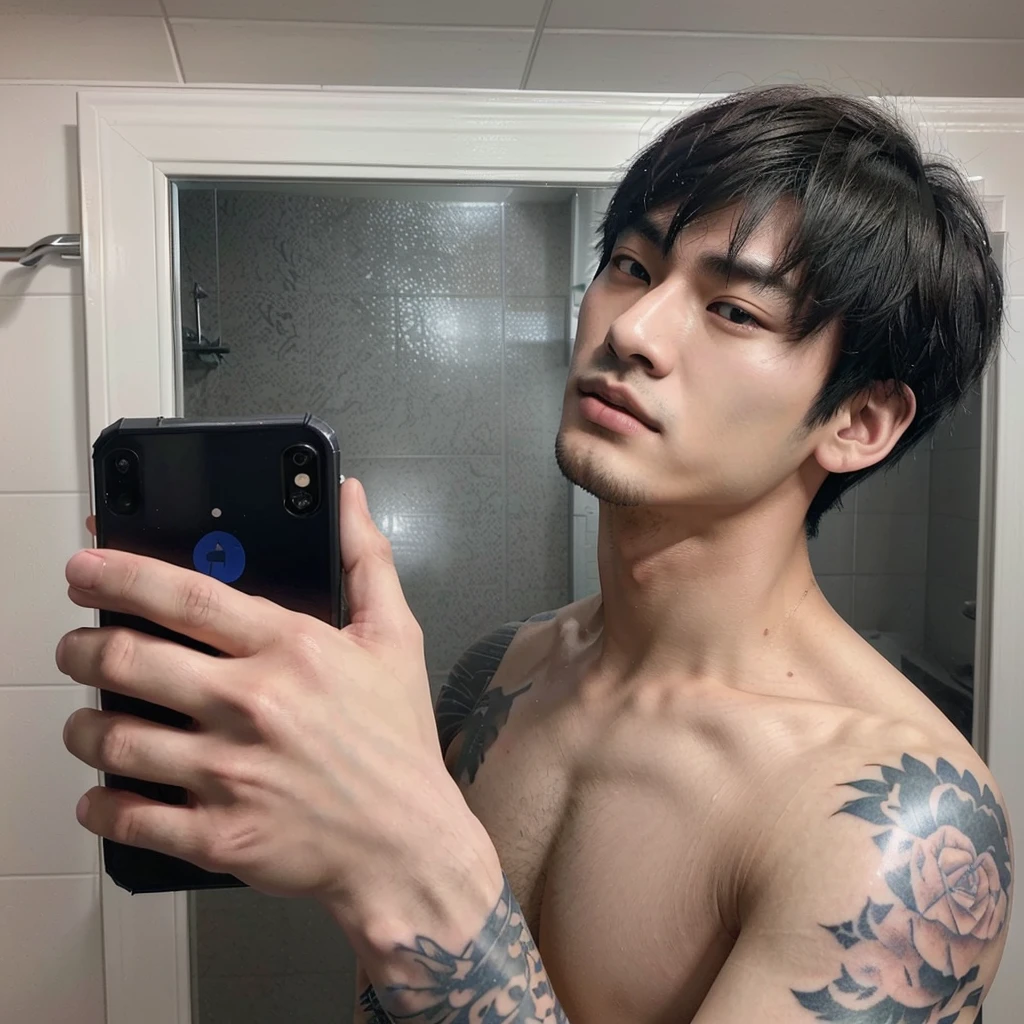 arafed man with tattoos taking a selfie in a bathroom mirror, kim doyoung, male ulzzang, handsome japanese demon boy, jinyoung shin, hyung tae, boy has short black hair, south korean male, hong june hyung, taejune kim, korean muscle boy 2 1 years old, cai xukun, hyung tae kim, jungkook, muscular