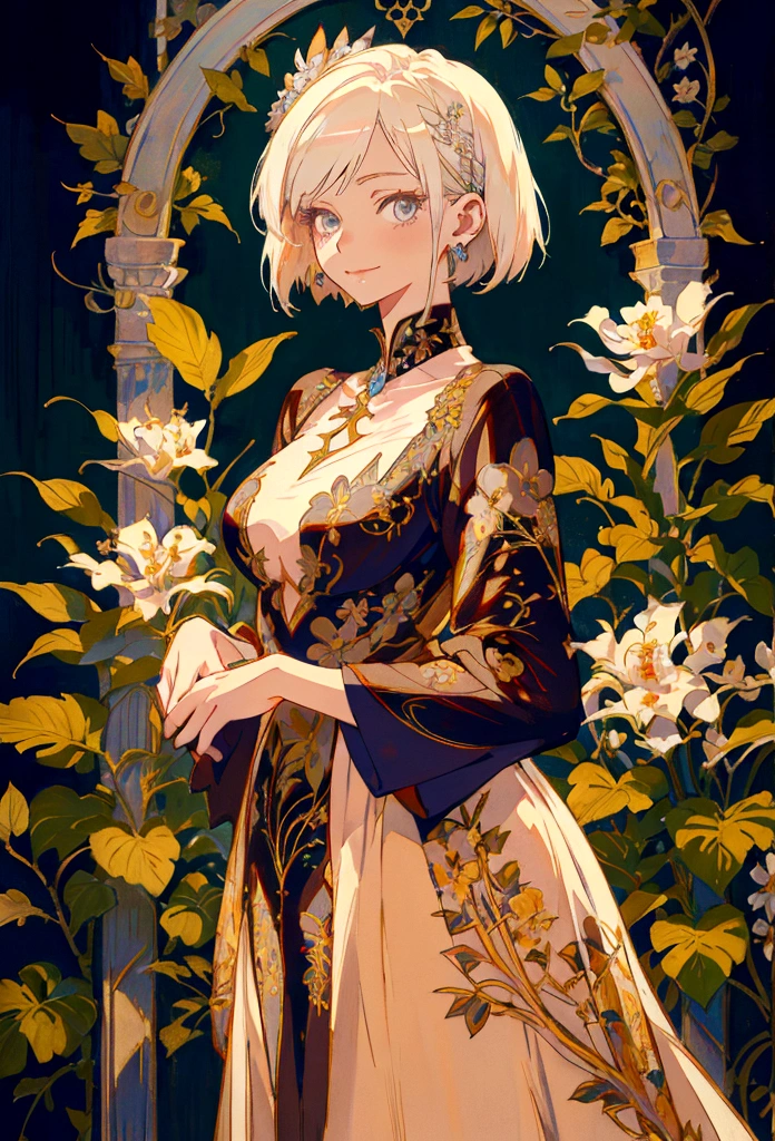 Anime Style, Kind Madame, Short Hair, Platinum Blonde, lady, She is wearing a beautiful embroidered silk dress., A kind smile, Elegant, Ultra-detailed botanical references, Maximalist Botany, beautifully、Aesthetically beautiful illustration masterpiece, Topaz AI Post Editing
