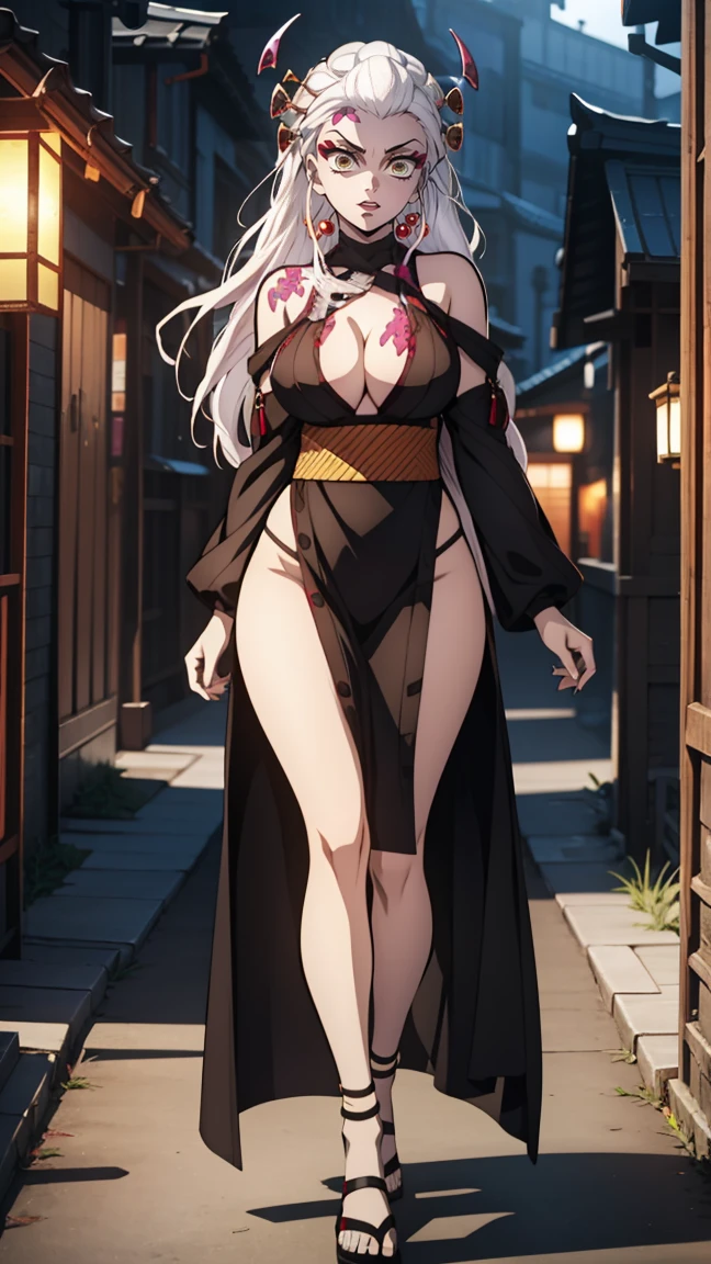 One Demon Girl, looks at the camera, Portrait of a girl, Beautiful waist, night, ancient japan, very sexy, grin, fangs обножены,  mouth open, fangs, smile, White hair, erotica, very sexy, beautiful body is completely visible, masterpiece, Best quality, full length (Full body 1.1.), Beautiful waist, good feet, high quality, long hair, White hair.  Highly detailed face, depth of field, HDR, very detailed, ray tracing, whole body, dark fantasy, Demon&#39;s tattoo, very beautiful, Beautiful ., 1 girl, solo, I look at the viewer, black hair, hair ornament, jewelry, closed mouth, green eyes, yellow eyes, japanese clothes, kimono, draw up, pomade, slit pupils, Brilliant eyes, wicked, Red lips, hair stick