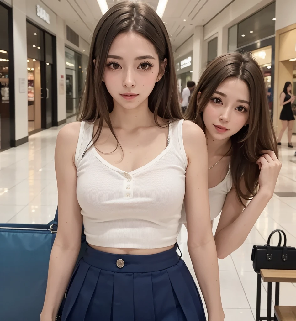 Masutepiece, highest quality, high resolution, Eleonora Pavinato, 30 years old, younger headshot, looking cute, cute pose, beautiful busty girl, long straight black hair, in the mall. Sleeveless tubular shirt, very short secretary-type mini skirt. full body