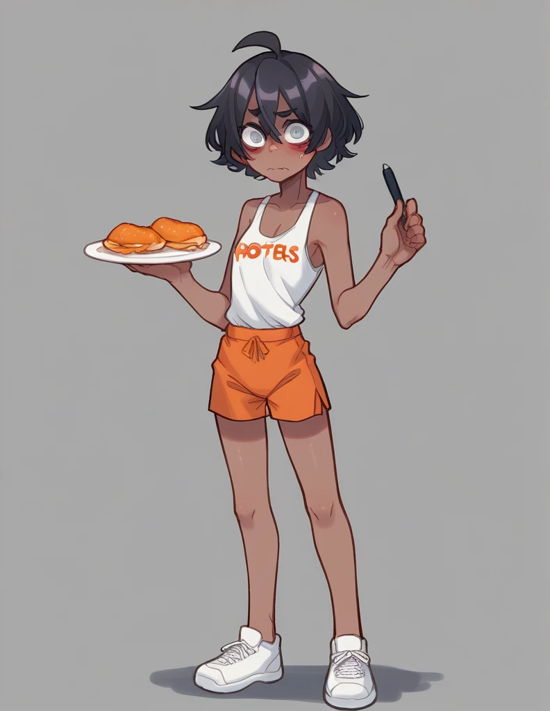 1 girl, alone, ppka, black fur, short hair, messy fur, Ahoge, parts, parts por todo el cuerpo, grey eyes, blind eyes, kind eyes, very nervous, looking at the viewer, blushing Minishort,  minishort naranja, sport short, mini tank top, white mini shirt, white tennis shoes, (hooters waitress) (Hooters uniform) restaurant, small notebook and pen in hands, posing 