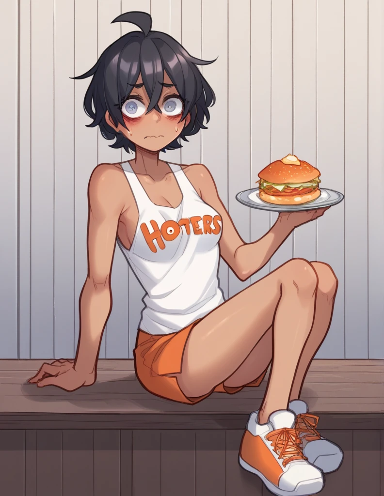 1 girl, alone, ppka, black fur, short hair, messy fur, Ahoge, parts, parts por todo el cuerpo, grey eyes, blind eyes, kind eyes, very nervous, looking at the viewer, blushing Minishort, minishort naranja, sport short, mini tank top, white mini shirt, white tennis shoes, (hooters waitress) (Hooters uniform) restaurant, small notebook and pen in hands, posing