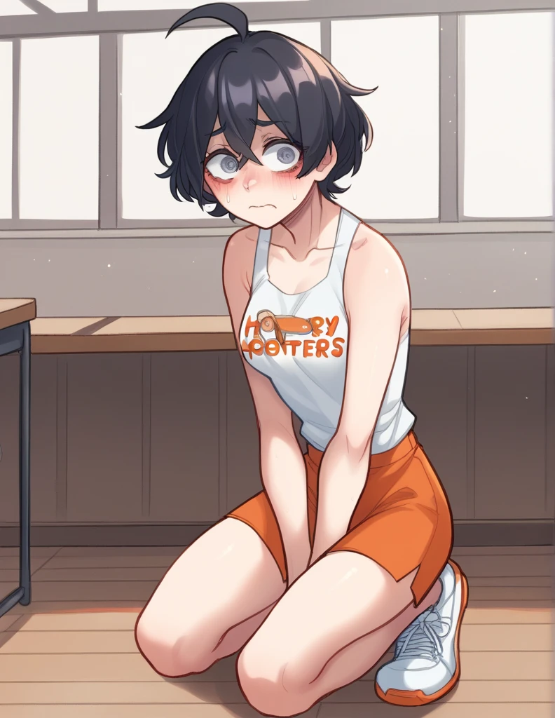1 girl, alone, ppka, black fur, short hair, messy fur, Ahoge, parts, parts por todo el cuerpo, grey eyes, blind eyes, kind eyes, very nervous, looking at the viewer, blushing Minishort, minishort naranja, sport short, mini tank top, white mini shirt, white tennis shoes, (hooters waitress) (Hooters uniform) restaurant, small notebook and pen in hands, posing