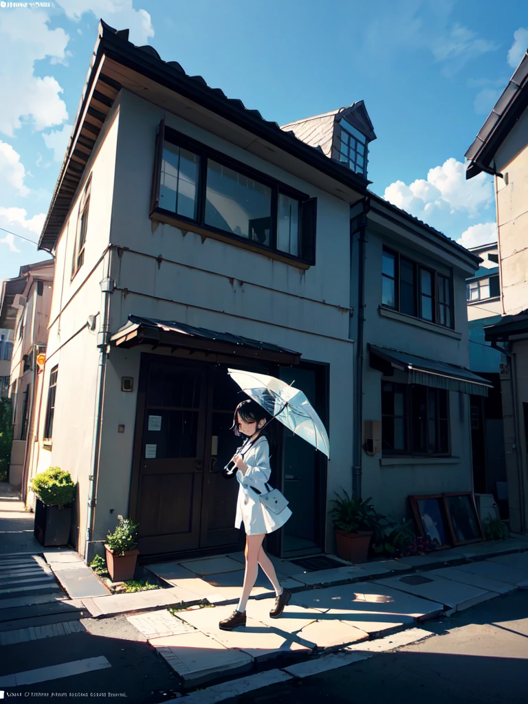 A  5  girl walking happy under rain with a umbrella with rainbow colors, at the day she have a Little white puppy, lateral angle, (sunday front house street background:1.3), octane render, Sunlight, L USM, official art, unity 8k wallpaper, ultra detailed, aesthetic, masterpiece, best quality, photorealistic, t3ss1th0mps0n,  Clutter-Mechanical