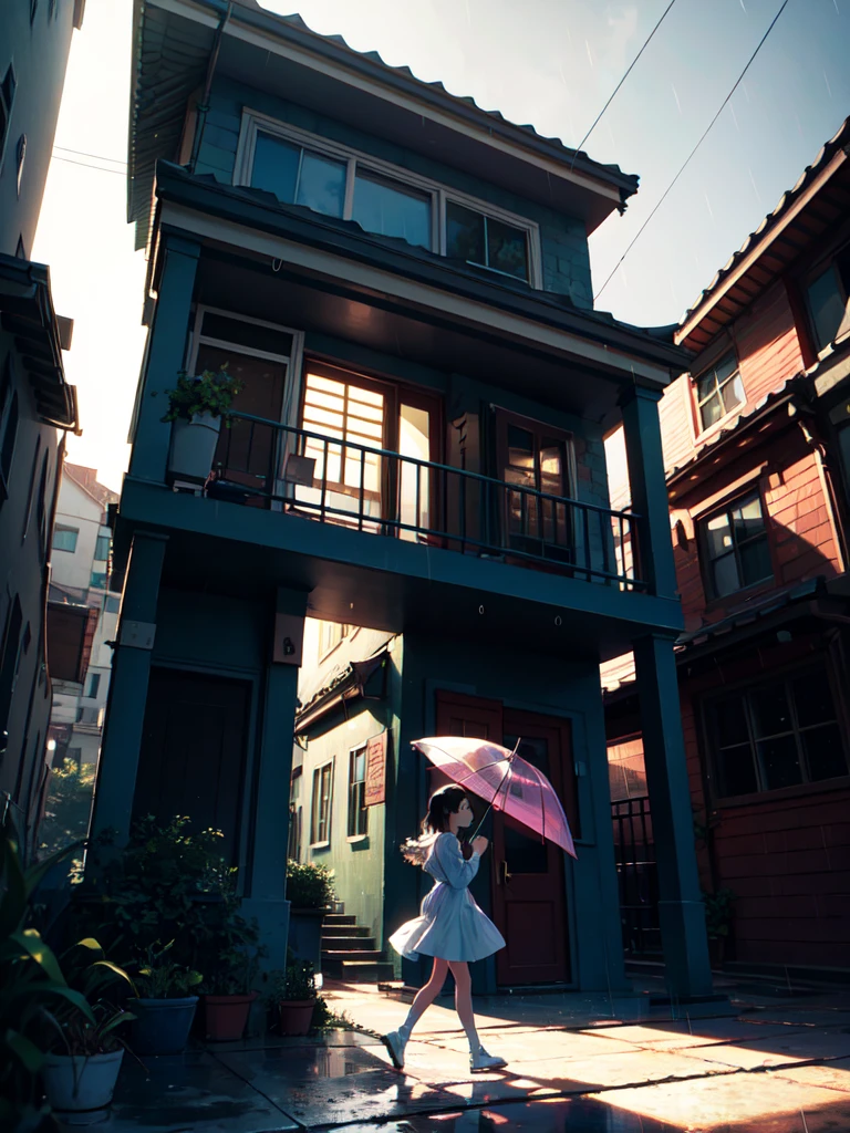A 5 years girl walking happy under rain with a umbrella with rainbow colors, at the day she have a Little white puppy, lateral angle, (sunday front house street background:1.3), octane render, Sunlight, L USM, official art, unity 8k wallpaper, ultra detailed, aesthetic, masterpiece, best quality, photorealistic, t3ss1th0mps0n, Clutter-Mechanical