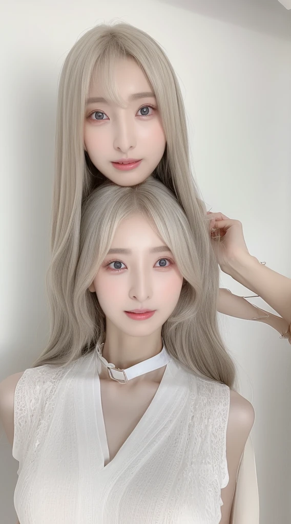 Beautiful woman with perfect figure:1.4,Layered Hairstyles,Protruding cleavage,Two-dimensional clothing:1.5,Highly detailed face and skin texture,double eyelid,Whitening the skin,Long white hair,Water Play,collar