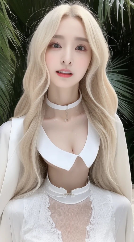 Beautiful woman with perfect figure:1.4,Layered Hairstyles,Protruding cleavage,Two-dimensional clothing:1.5,Highly detailed face and skin texture,double eyelid,Whitening the skin,Long white hair,Water Play,collar