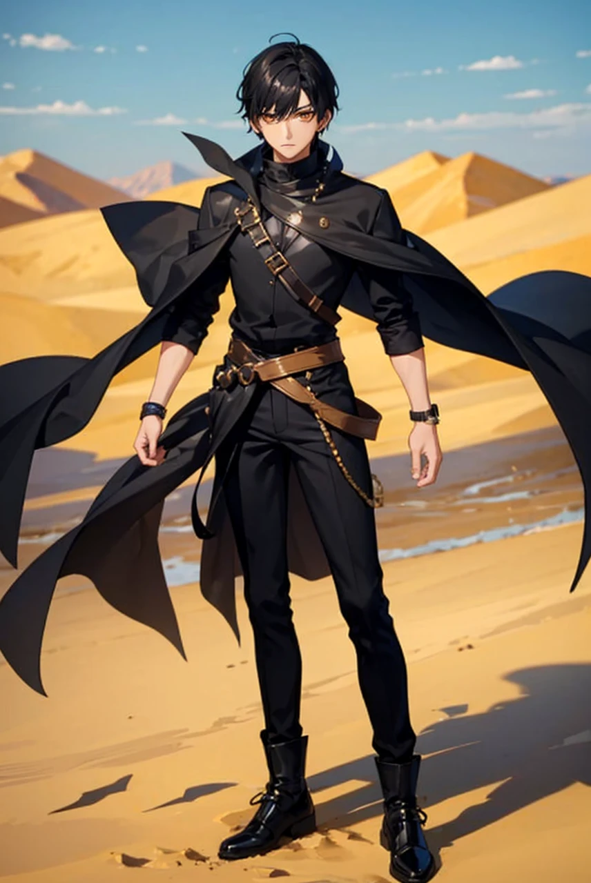 Boy with black hair and golden eyes dressed in black with a desert in the background of the image