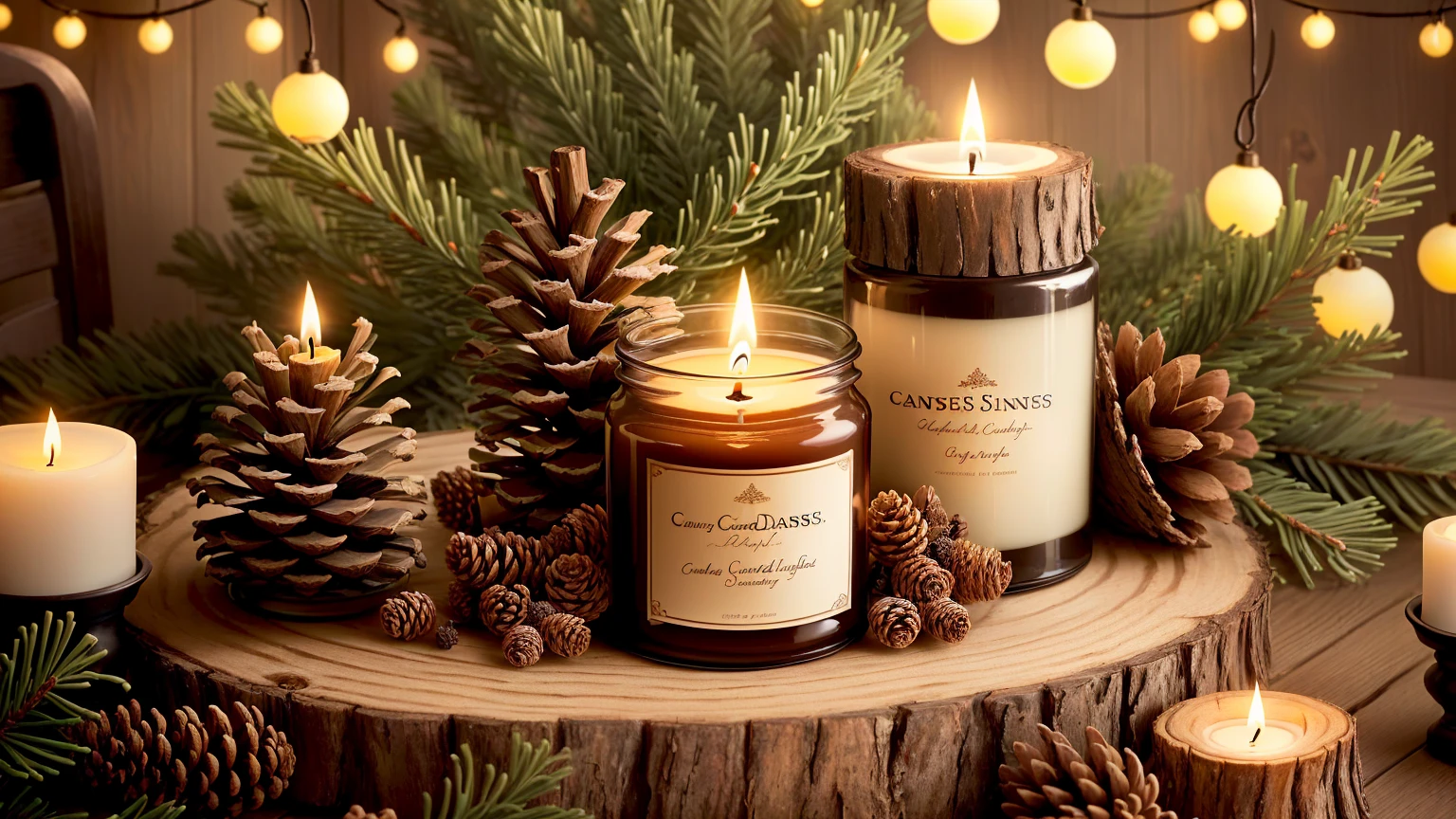 Candless are sitting on a tree stump with pine cones and lights, Candless, Candless!, waxy Candless, cozy Candleslight, Candleslit, Festive mood, natural Candles lighting, Candleslight, Candles lights, Warm and fun atmosphere, comfortable, good looking, Candles, Beautiful atmosphere, comfortable enchanted scene, Candles wax, the Candles is on a wooden table, lots of Candless, seasonal