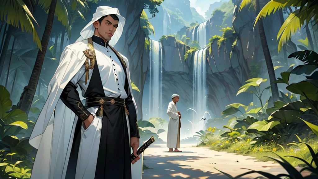 jungle, young Handsome man, Islam, black Songkok, dignified face, simple white thobe, (((many subordinates behind him))),(armed with a saber), 32k, Best quality, Masterpiece, super detail, High Details, Highest quality, masterpiece, Representative works, Official Art, Professional, Super intricate details, 8K