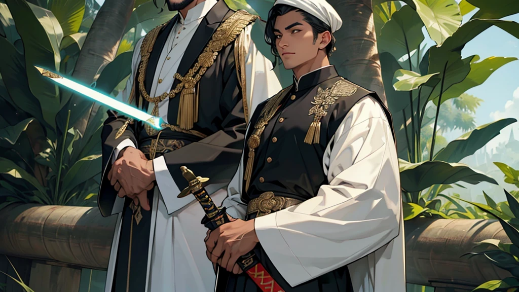 jungle, young Handsome man, Islam, black Songkok, dignified face, simple white thobe, (((many subordinates behind him))),(armed with a saber), 32k, Best quality, Masterpiece, super detail, High Details, Highest quality, masterpiece, Representative works, Official Art, Professional, Super intricate details, 8K