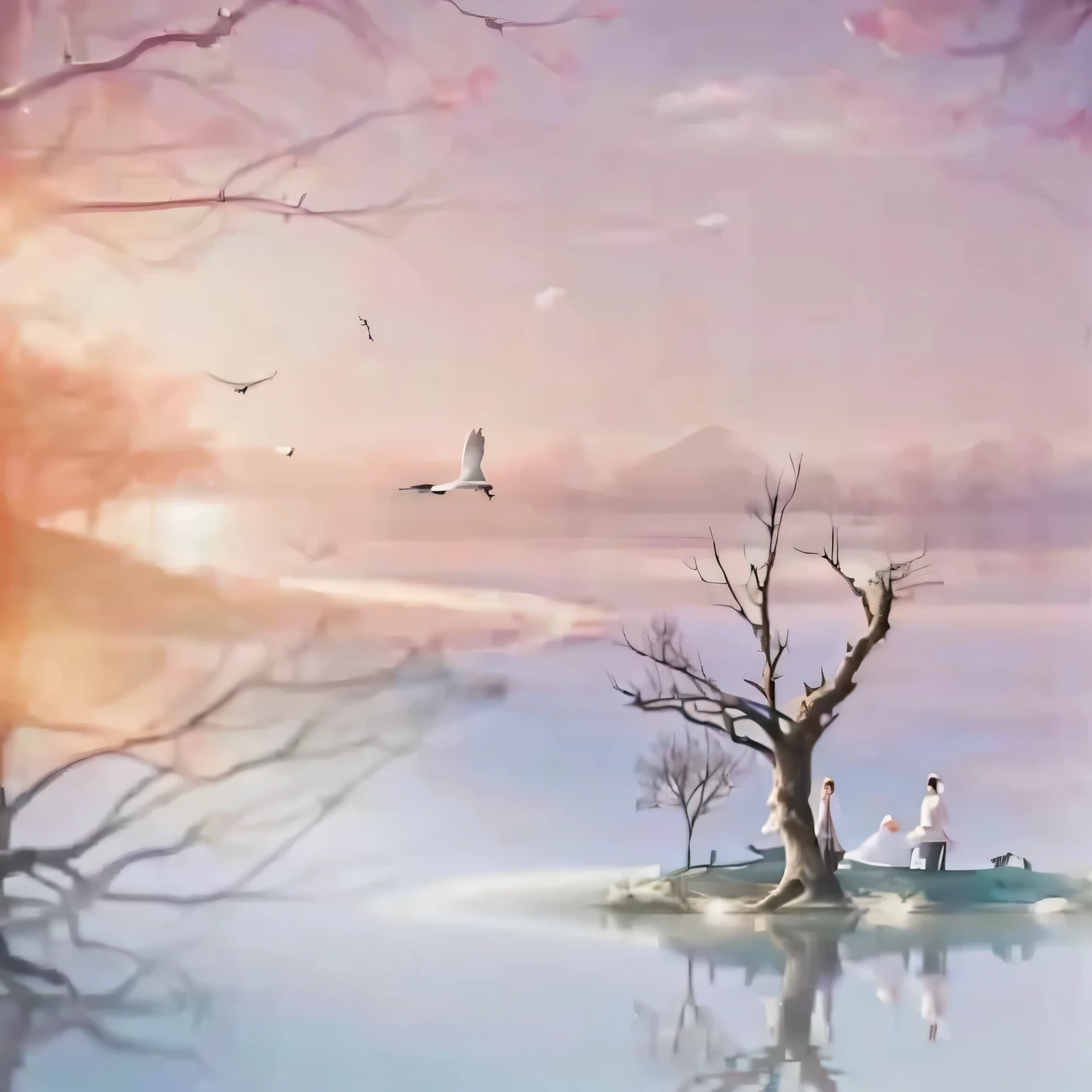 There was a Tree standing in the water，Birds flying around, melancholy Pastel Art, Dreamy illustrations, Pastel style, Dreamlike scene, Pastel Art, Surreal dream landscape, Fantasy Art, Tranquility illustration, Dreamy illustrations, Dreamy atmosphere, Pastel Artwork, Atmospheric artwork,  Tree, Winter sun, Sunset in the evening, of the Tree, Sunset