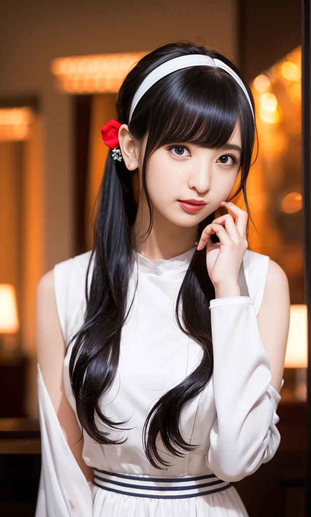 (8K, RAW Photos, Highest quality, High resolution: 1.1), (Surreal: 1.4), (Realistic, Realistic: 1.3), Soft Light, girl, Realistic face, Realistic body, Realistic skin, Absurd, Tabletop, (cute: 1.8), cute, alone, (Conservative dress: 1.2), Detailed black eyes, Innocent eyes, blush, cello, (White luxury long dress: 1.2), Cinema Lighting, Film Grain, Shining Jewels, diamond, イヤring, ring, ((Medium Hair: 1.1)), ((debtloating hair Nova frog style)), Cherry Lip, head band, Hair Ribbon, ponytail, Audience, Long Hair, Open your lips, Upper teeth, Depth of written boundary, Blurred Background, Eye focus, Bokeh, young, 85mm lens, debt/1.4, Professional Lighting, young, Photon Mapping, Radio City, 物理ベースレンダring,