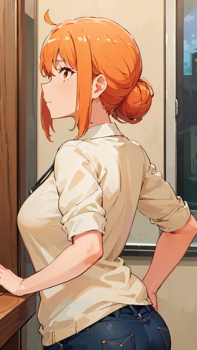 (Highest quality, 8K, masterpiece :1.3),Mrs. Yuigahama,ガハMom, As I expected, my youth romantic comedy is wrong。, One woman,Bun Hair,30 years old,Mom,Orange Hair,nsfw,Plump body,Big Ass